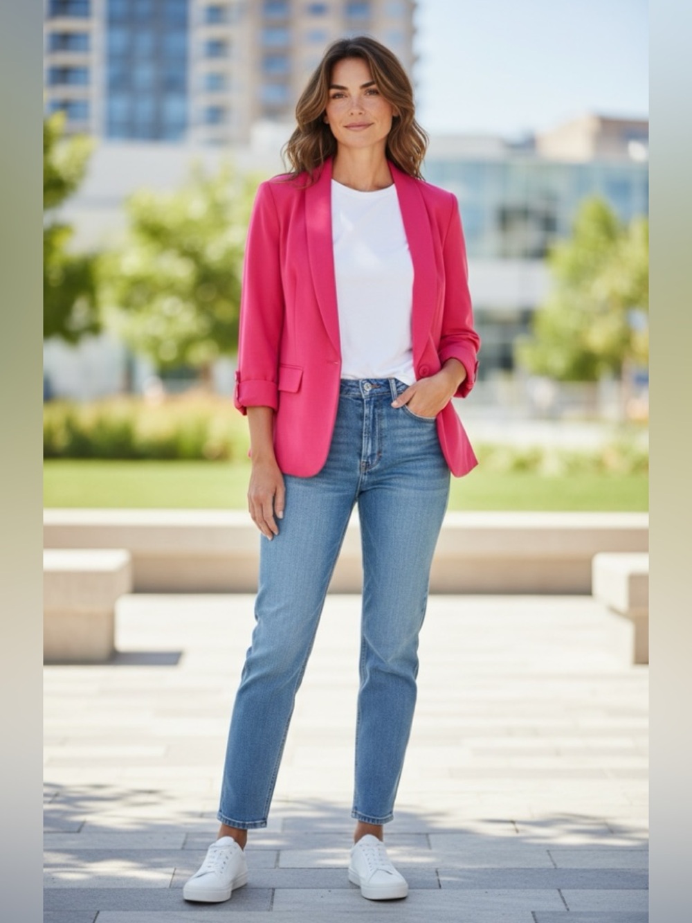 Cabi Women Sz 6 Pink Power Twill Cotton One Button Collar 3/4 Sleeves